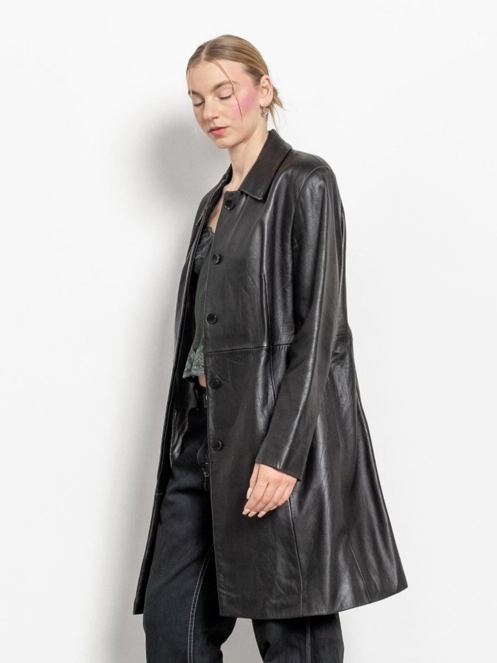 BLACK LEATHER TRENCH Vintage Midi Jacket Coat Blazer Woman 90's Oversize Medium